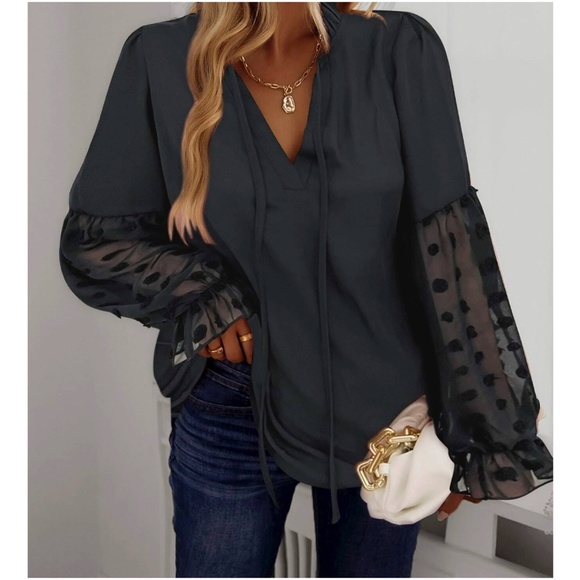 Boho Swiss Dot Sheer Sleeve Ruffle Blouse - Picture 2 of 14